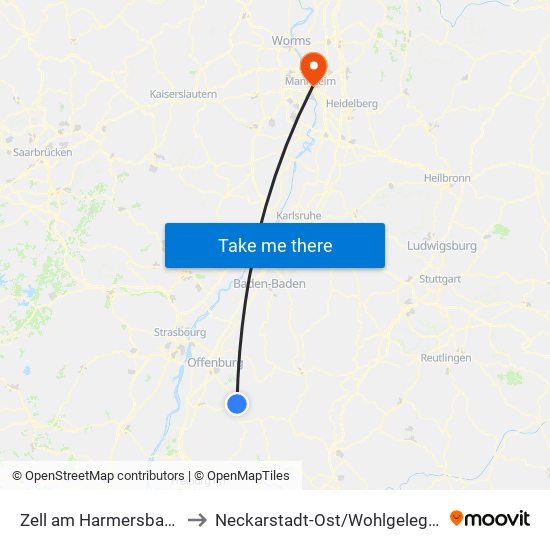 Zell am Harmersbach to Neckarstadt-Ost/Wohlgelegen map