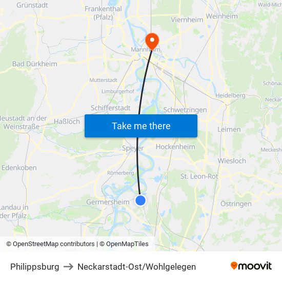 Philippsburg to Neckarstadt-Ost/Wohlgelegen map