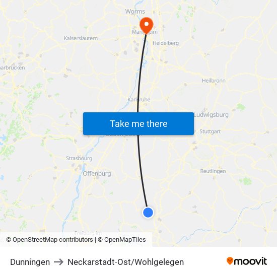Dunningen to Neckarstadt-Ost/Wohlgelegen map