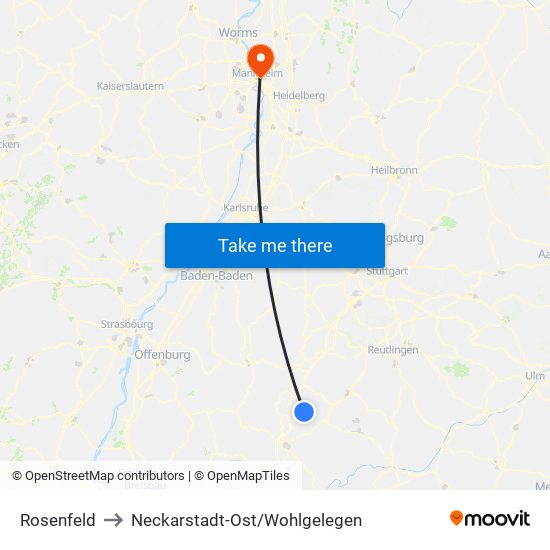 Rosenfeld to Neckarstadt-Ost/Wohlgelegen map