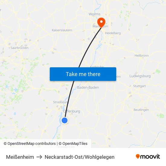 Meißenheim to Neckarstadt-Ost/Wohlgelegen map