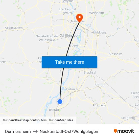 Durmersheim to Neckarstadt-Ost/Wohlgelegen map