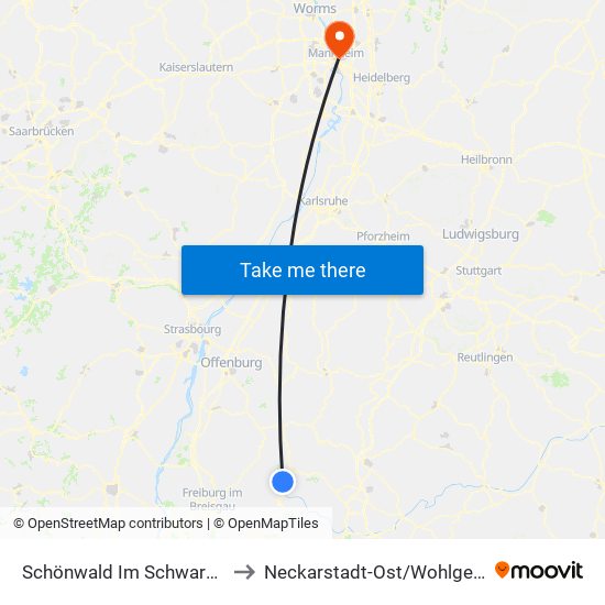 Schönwald Im Schwarzwald to Neckarstadt-Ost/Wohlgelegen map