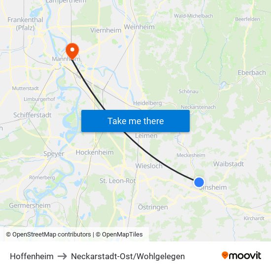 Hoffenheim to Neckarstadt-Ost/Wohlgelegen map