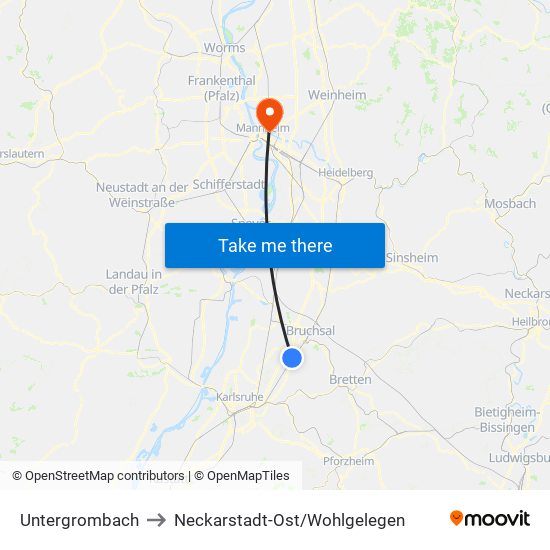 Untergrombach to Neckarstadt-Ost/Wohlgelegen map