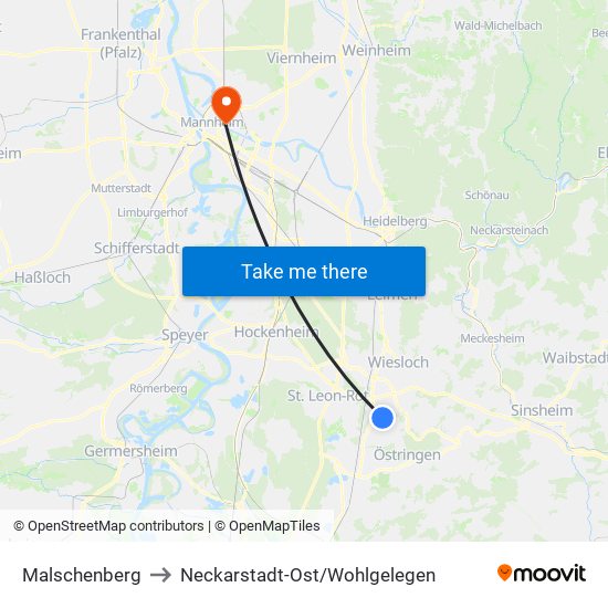 Malschenberg to Neckarstadt-Ost/Wohlgelegen map