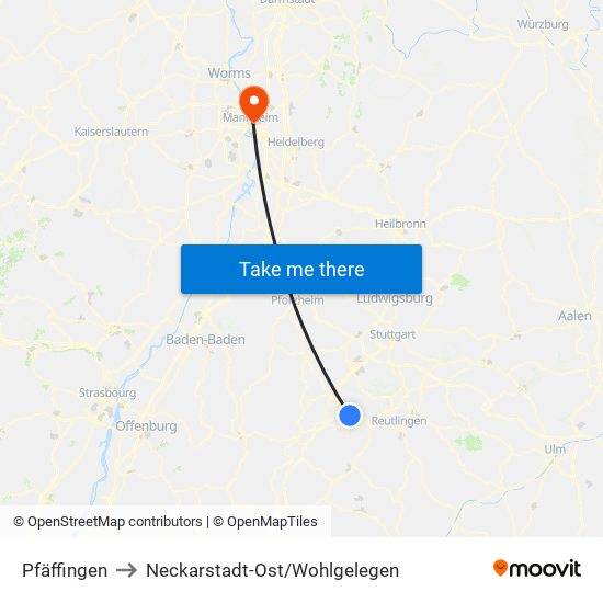 Pfäffingen to Neckarstadt-Ost/Wohlgelegen map
