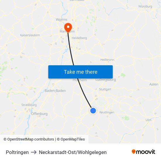 Poltringen to Neckarstadt-Ost/Wohlgelegen map