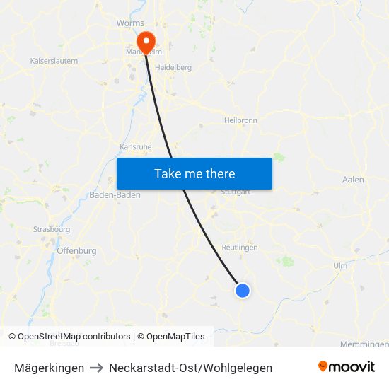 Mägerkingen to Neckarstadt-Ost/Wohlgelegen map