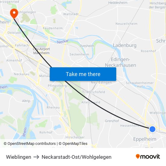 Wieblingen to Neckarstadt-Ost/Wohlgelegen map