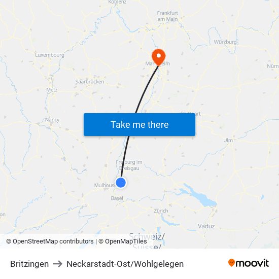 Britzingen to Neckarstadt-Ost/Wohlgelegen map
