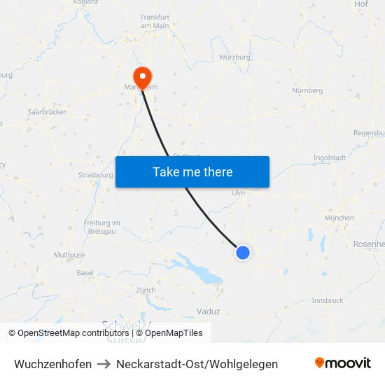 Wuchzenhofen to Neckarstadt-Ost/Wohlgelegen map