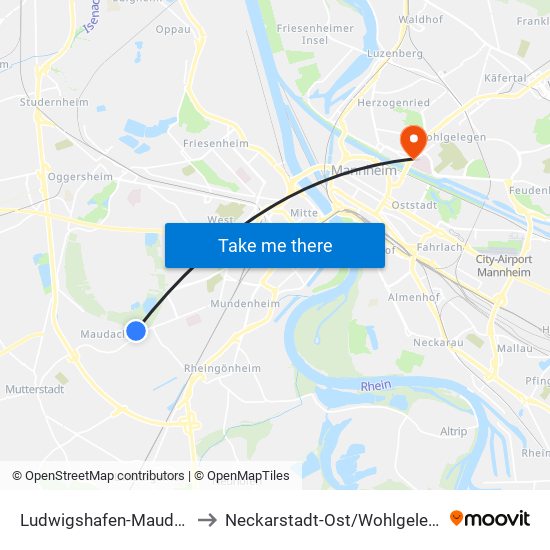 Ludwigshafen-Maudach to Neckarstadt-Ost/Wohlgelegen map