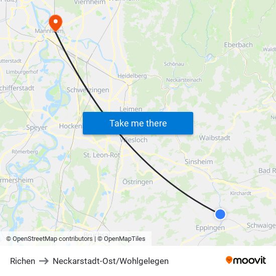 Richen to Neckarstadt-Ost/Wohlgelegen map