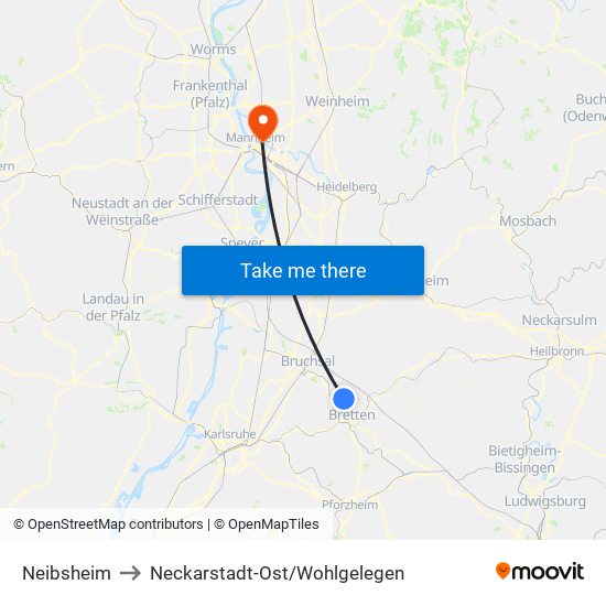 Neibsheim to Neckarstadt-Ost/Wohlgelegen map