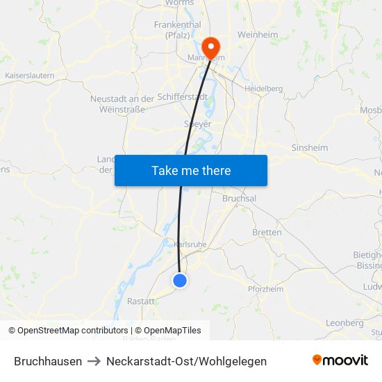 Bruchhausen to Neckarstadt-Ost/Wohlgelegen map