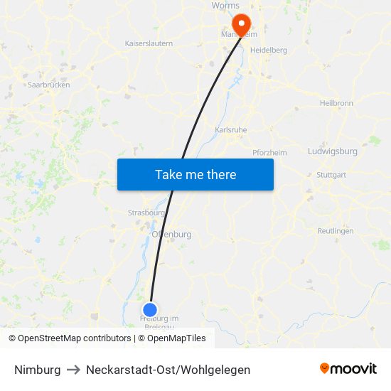 Nimburg to Neckarstadt-Ost/Wohlgelegen map