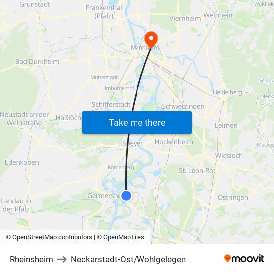 Rheinsheim to Neckarstadt-Ost/Wohlgelegen map
