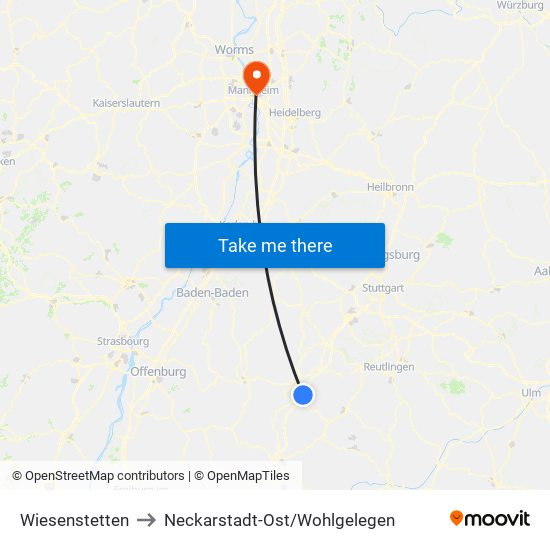 Wiesenstetten to Neckarstadt-Ost/Wohlgelegen map