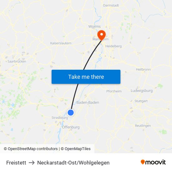 Freistett to Neckarstadt-Ost/Wohlgelegen map
