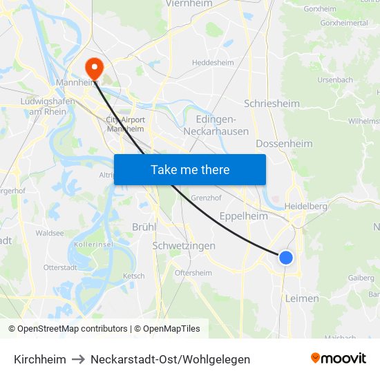 Kirchheim to Neckarstadt-Ost/Wohlgelegen map