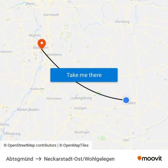 Abtsgmünd to Neckarstadt-Ost/Wohlgelegen map