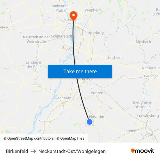 Birkenfeld to Neckarstadt-Ost/Wohlgelegen map