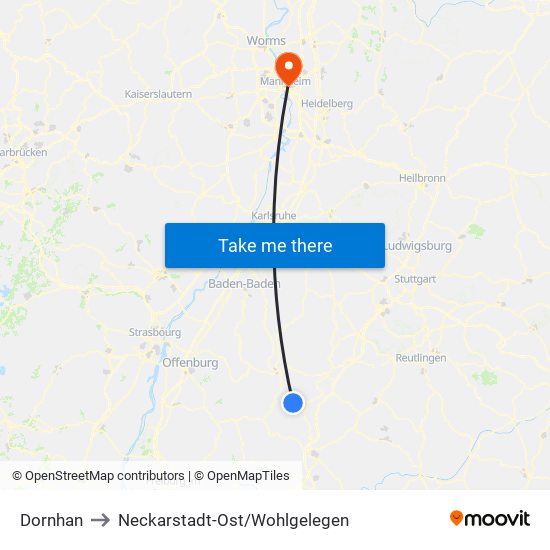 Dornhan to Neckarstadt-Ost/Wohlgelegen map