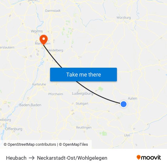 Heubach to Neckarstadt-Ost/Wohlgelegen map