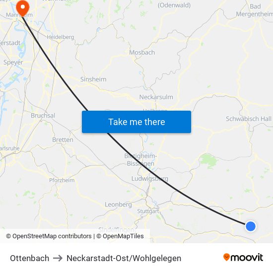 Ottenbach to Neckarstadt-Ost/Wohlgelegen map