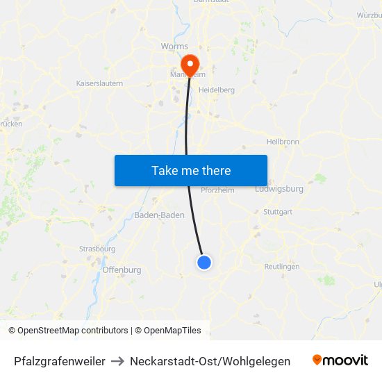 Pfalzgrafenweiler to Neckarstadt-Ost/Wohlgelegen map