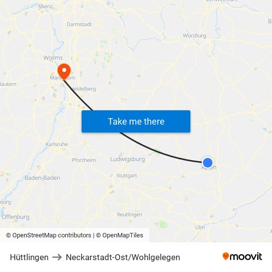 Hüttlingen to Neckarstadt-Ost/Wohlgelegen map