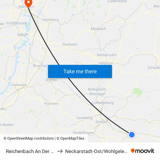 Reichenbach An Der Fils to Neckarstadt-Ost/Wohlgelegen map