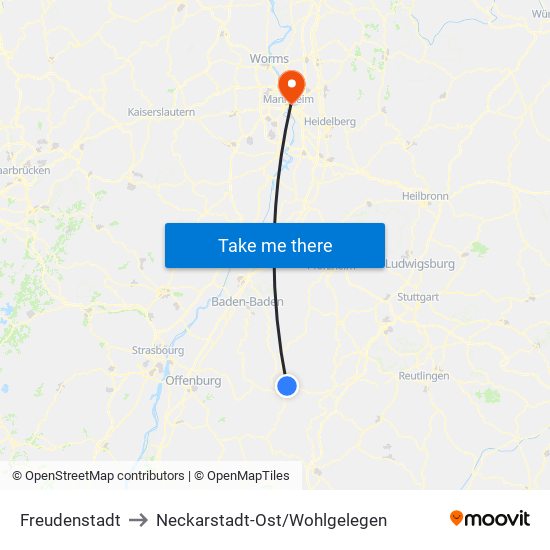 Freudenstadt to Neckarstadt-Ost/Wohlgelegen map