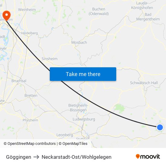 Göggingen to Neckarstadt-Ost/Wohlgelegen map