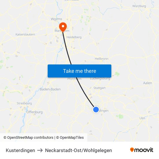 Kusterdingen to Neckarstadt-Ost/Wohlgelegen map