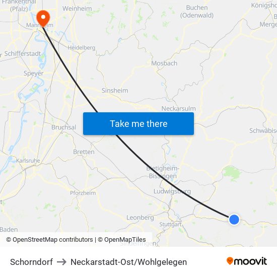 Schorndorf to Neckarstadt-Ost/Wohlgelegen map