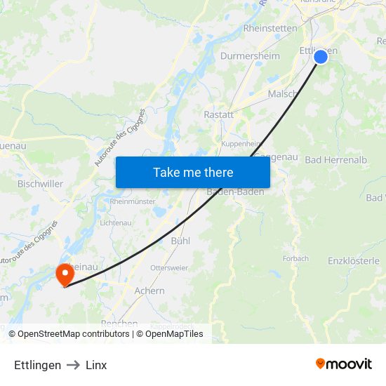 Ettlingen to Linx map