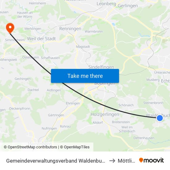 Gemeindeverwaltungsverband Waldenbuch/Steinenbronn to Möttlingen map