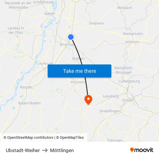 Ubstadt-Weiher to Möttlingen map