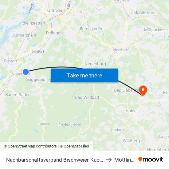 Nachbarschaftsverband Bischweier-Kuppenheim to Möttlingen map