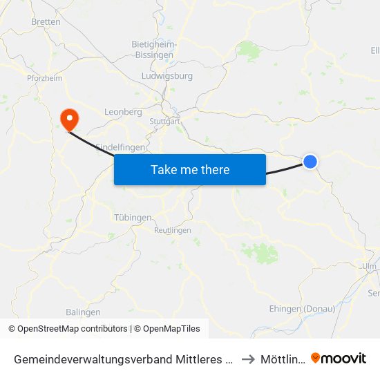 Gemeindeverwaltungsverband Mittleres Fils-Lautertal to Möttlingen map