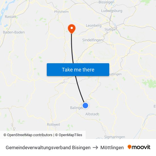 Gemeindeverwaltungsverband Bisingen to Möttlingen map