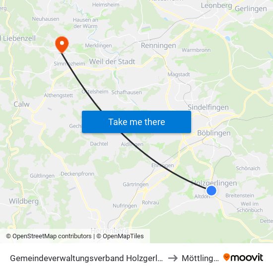 Gemeindeverwaltungsverband Holzgerlingen to Möttlingen map