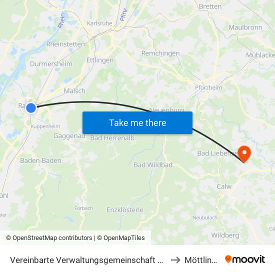 Vereinbarte Verwaltungsgemeinschaft Rastatt to Möttlingen map