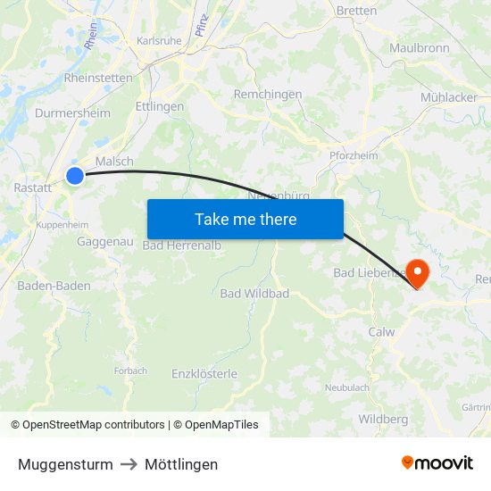 Muggensturm to Möttlingen map