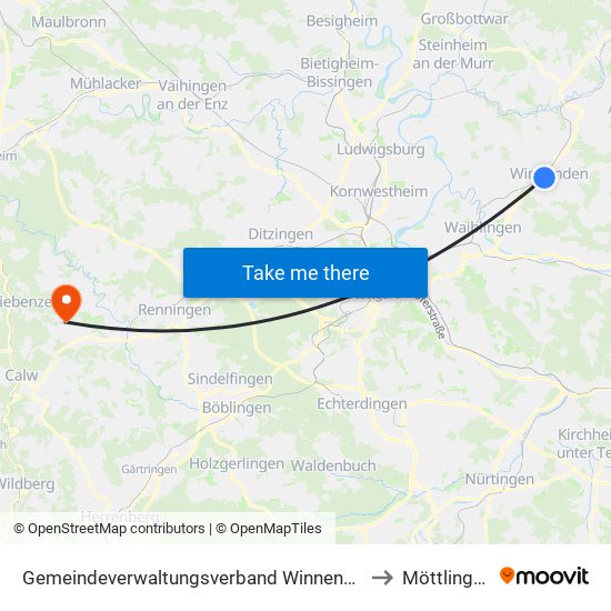 Gemeindeverwaltungsverband Winnenden to Möttlingen map