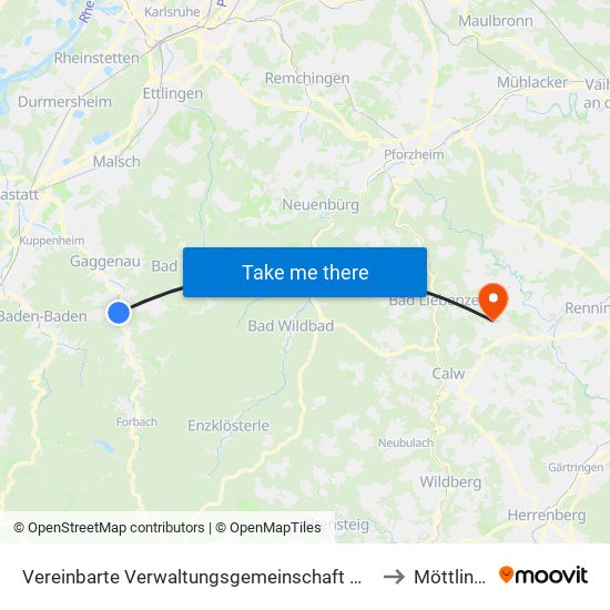 Vereinbarte Verwaltungsgemeinschaft Gernsbach to Möttlingen map