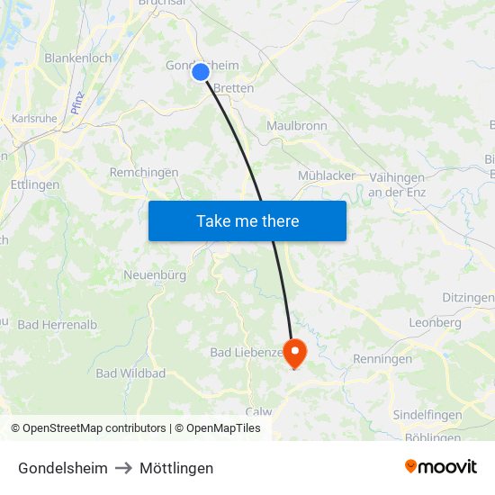 Gondelsheim to Möttlingen map