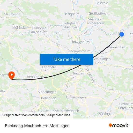 Backnang-Maubach to Möttlingen map